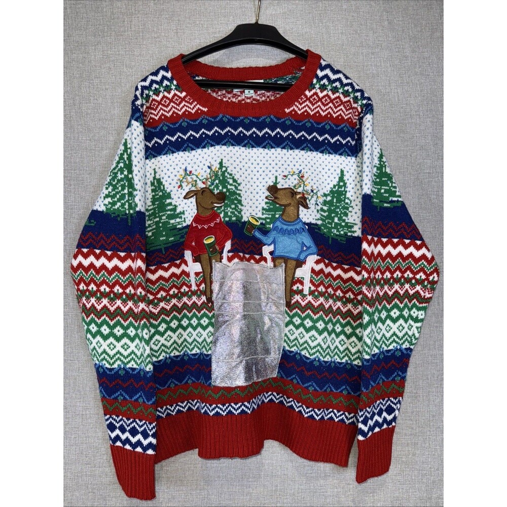 Holiday Ugly Christmas Sweater Drinking Reindeer Keg Drink Beer Holder Size M